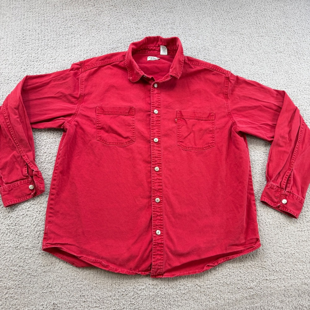 Vintage 90s Levis Jeans Red Cotton Twill Button Down Shirt Mens XL
